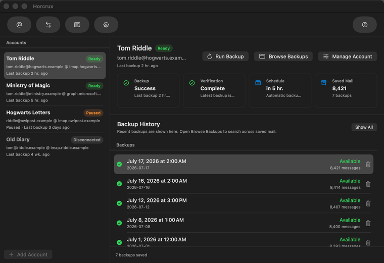 Horcrux account dashboard showing healthy fictional accounts and recent saved backups