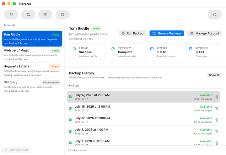 Horcrux showing healthy email accounts and a history of successful backups