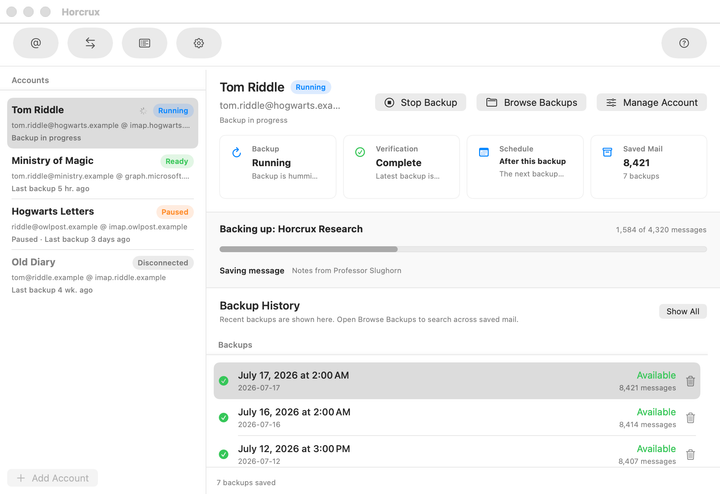Horcrux backing up an email account