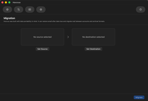 Horcrux migration screen for choosing an email source and destination