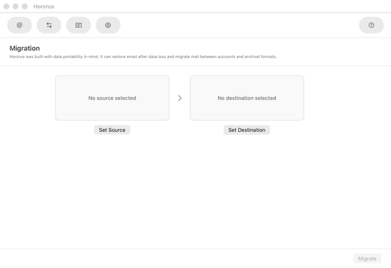 Horcrux migration screen for choosing an email source and destination